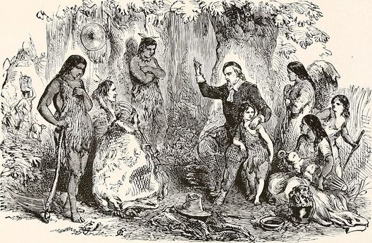 Puritan minister John Elliot depicted in a sketched image preaching to Native Americans in a wooded area