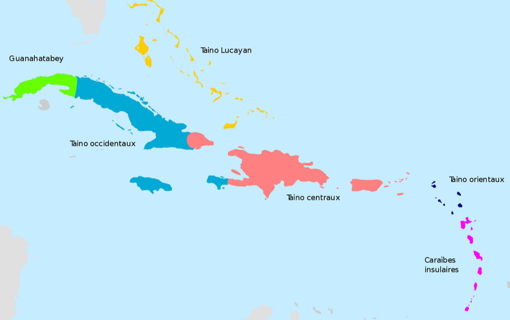 Map (in French) showing the various culture areas of the Taino people, before European conquest. Data coming from William F. Keegan, Lisabeth A. Carlson, Talking Taino: Caribbean Natural History from a Native Perspective, University of Alabama Press, 26 oct. 2008, p2